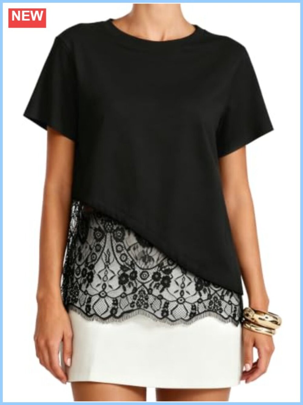 Women's Cotton Short Sleeve Lace Trim T-Shirt Crew Neck Top